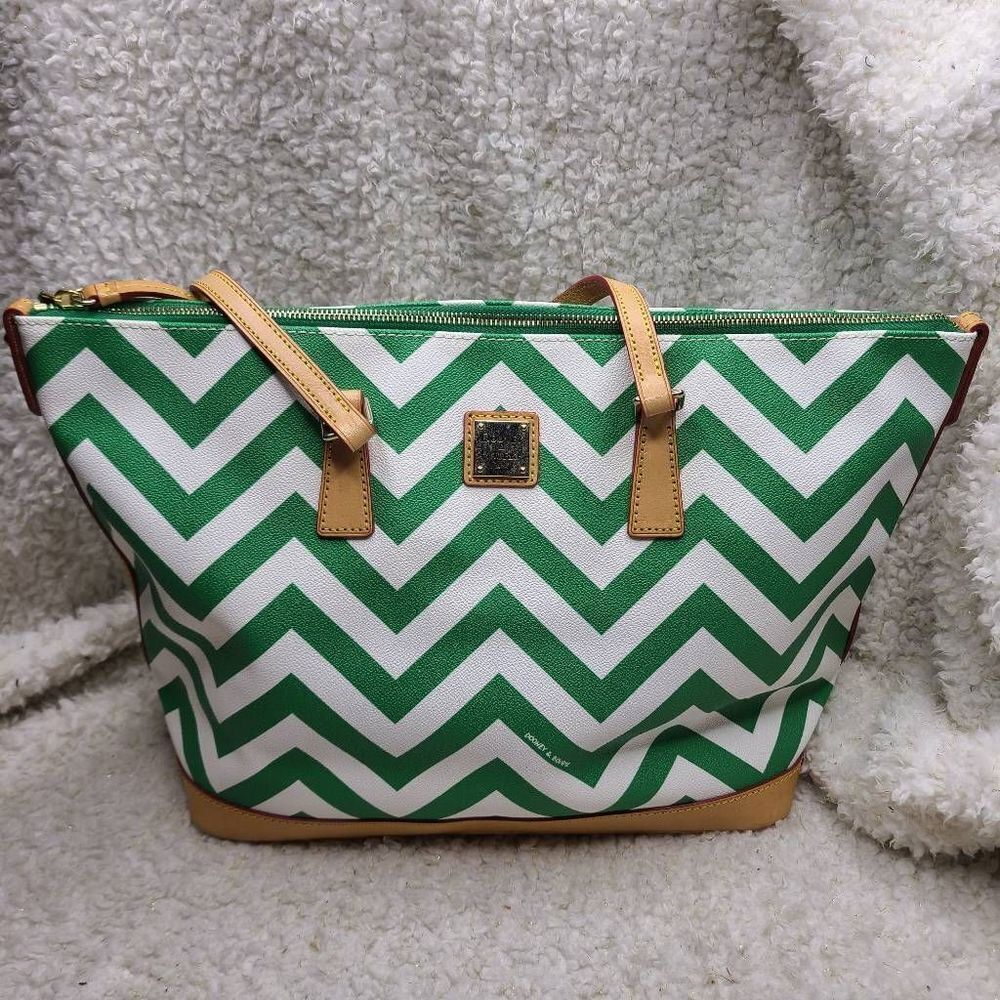 Dooney & Bourke Green and White Chevron Striped Coated Shopper Tote